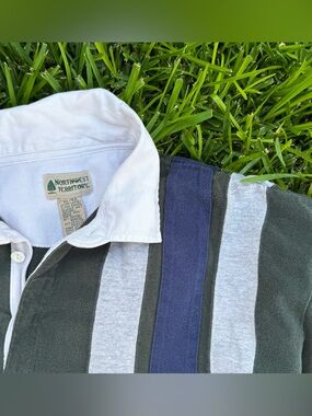 Northwest Territory Men's XL Rugby Polo Olive White Gray Navy Stripe Button Coll